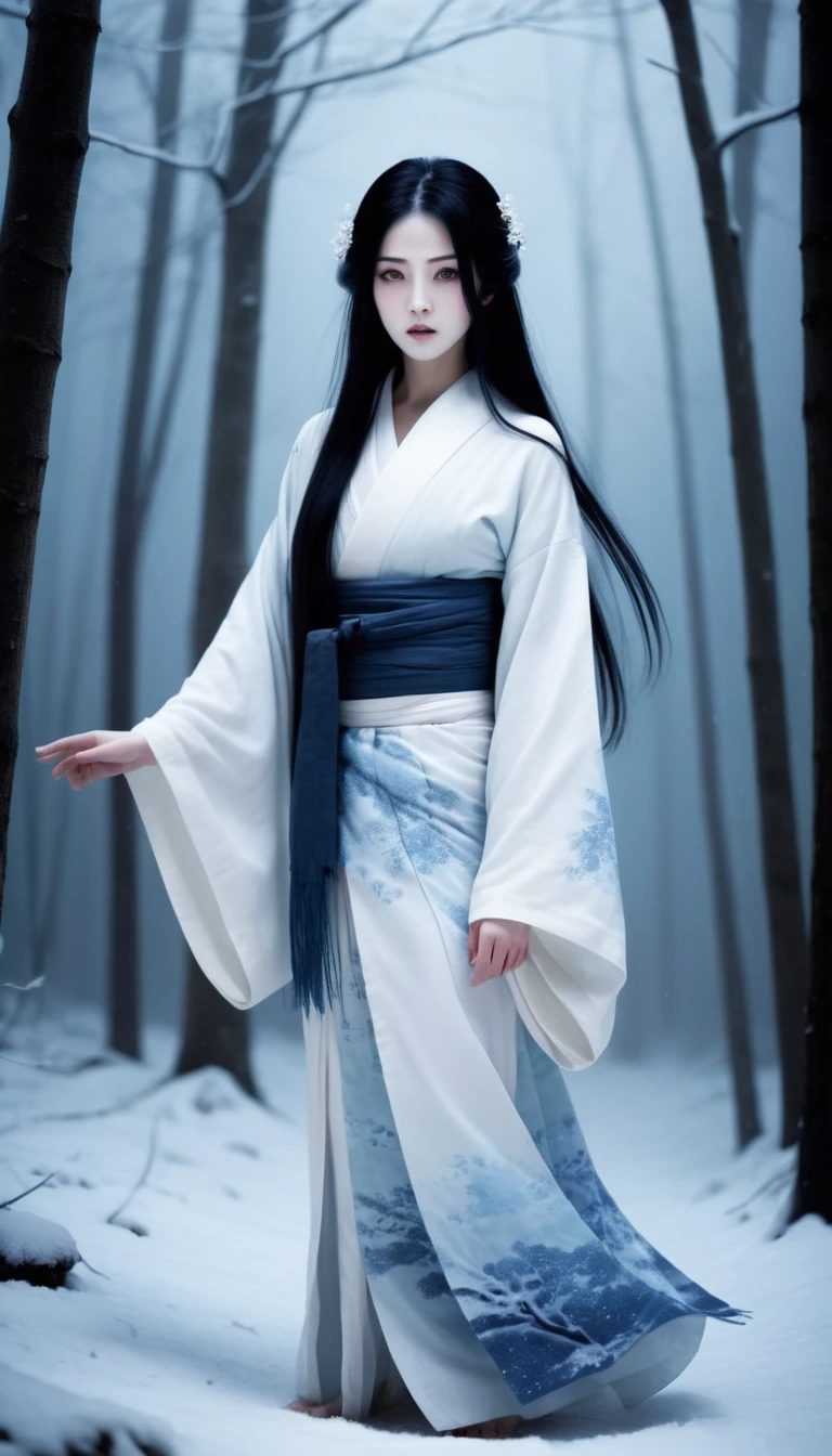 In a foggy night forest stands a beautiful yet terrifying Yuki-onna. Her white skin glistens like cold ice under the moonlight. Long black hair sways in the wind, and her eyes glow pale blue in the deep darkness, freezing the souls of those who gaze upon her. Her white kimono flows with the breeze, and as she walks through the frost-covered trees, her footprints vanish instantly. In the background, the dark forest stretches out with snow quietly falling, creating an eerie silence that envelops everything.