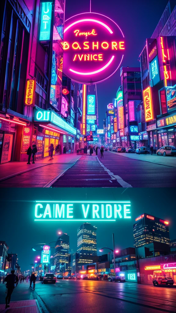 Create an image with a 9:16 aspect ratio featuring a vibrant, retro-futuristic cityscape with neon lights and a large, glowing moon in the background. Include the text "FUNKY VIBES" in a bold, stylized font at the center, similar to the provided image.