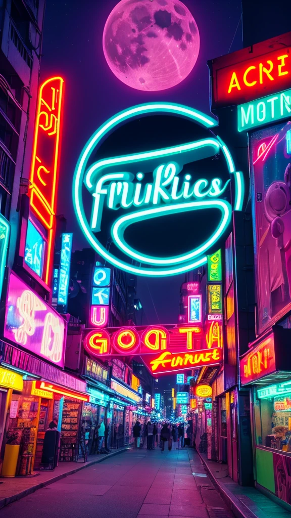 Create an image with a 9:16 aspect ratio featuring a vibrant, retro-futuristic cityscape with neon lights and a large, glowing moon in the background. Include the text "FUNKY VIBES" in a bold, stylized font at the center, similar to the provided image.
