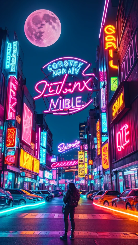 Create an image with a 9:16 aspect ratio featuring a vibrant, retro-futuristic cityscape with neon lights and a large, glowing moon in the background. Include the text "FUNKY VIBES" in a bold, stylized font at the center, similar to the provided image.
