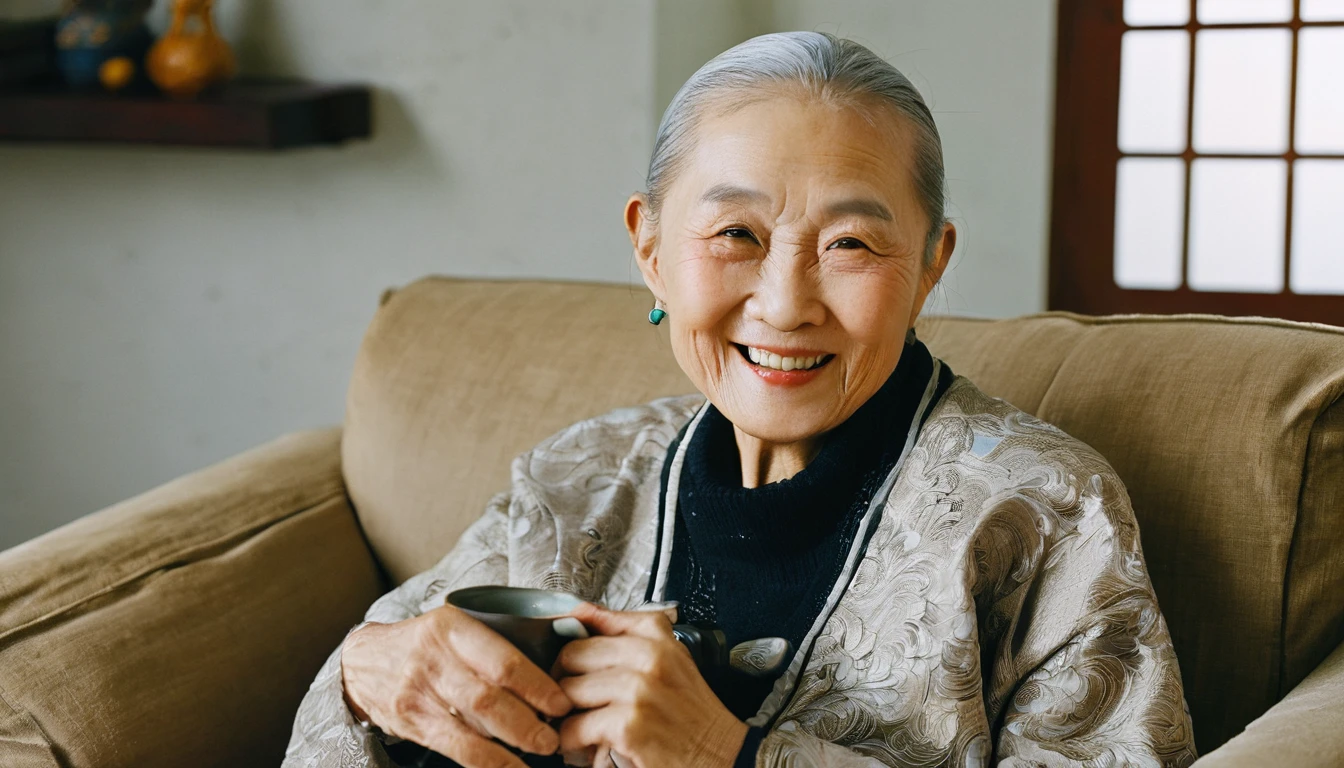 An elderly Asian，in living room，Sitting on the sofa，Facing the camera，Smile，Chinese style decoration