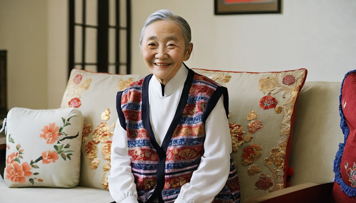 An elderly Asian,in living room,Sitting on the sofa,Facing the camera,Smile,Chinese style decoration