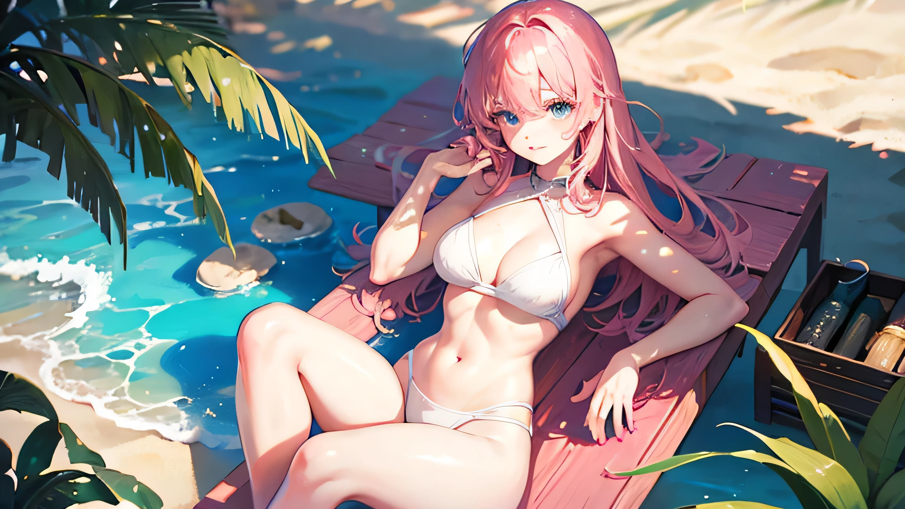 beautiful girl with pink hair, dressed in a luxurious swimsuit, has a pink manicure, blue eyes. she has beautiful shapes, wide hips and chest, narrow waist. she is on the beach, where there are palm trees, sand, clear and shimmering water, waves, different shells and stones in the sand. very elaborate and varied lighting, daytime. she is sitting on the sand and looking at us, the view from above.