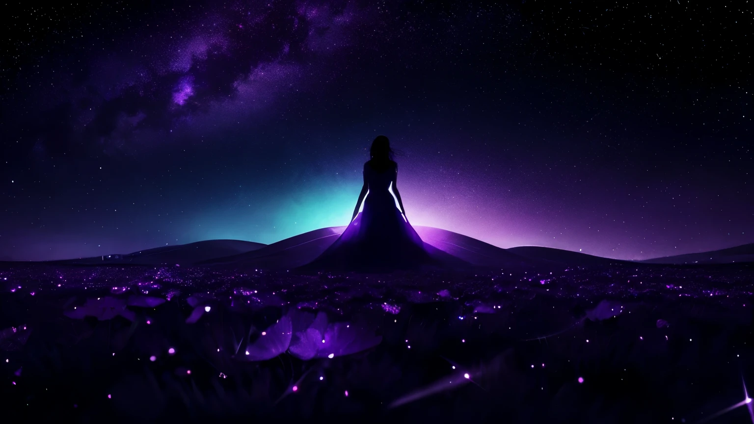 Crystal of Epsom salt, silhouette of a person surrounded by purple aura, starry sky background, mystical atmosphere, digital art