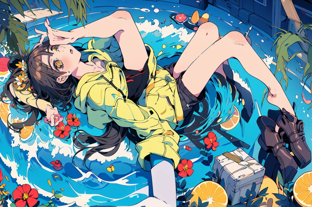 (masterpiece:1.2), Highest quality,Pixiv,Surprised girl,Portraiture,Tank top、(((((Not wearing a hoodie)))))、16 years old、Immediately after intense sex、Ecstasy、((((Midsummer clothes、Full body portrait))))、Shorts、Pop Art