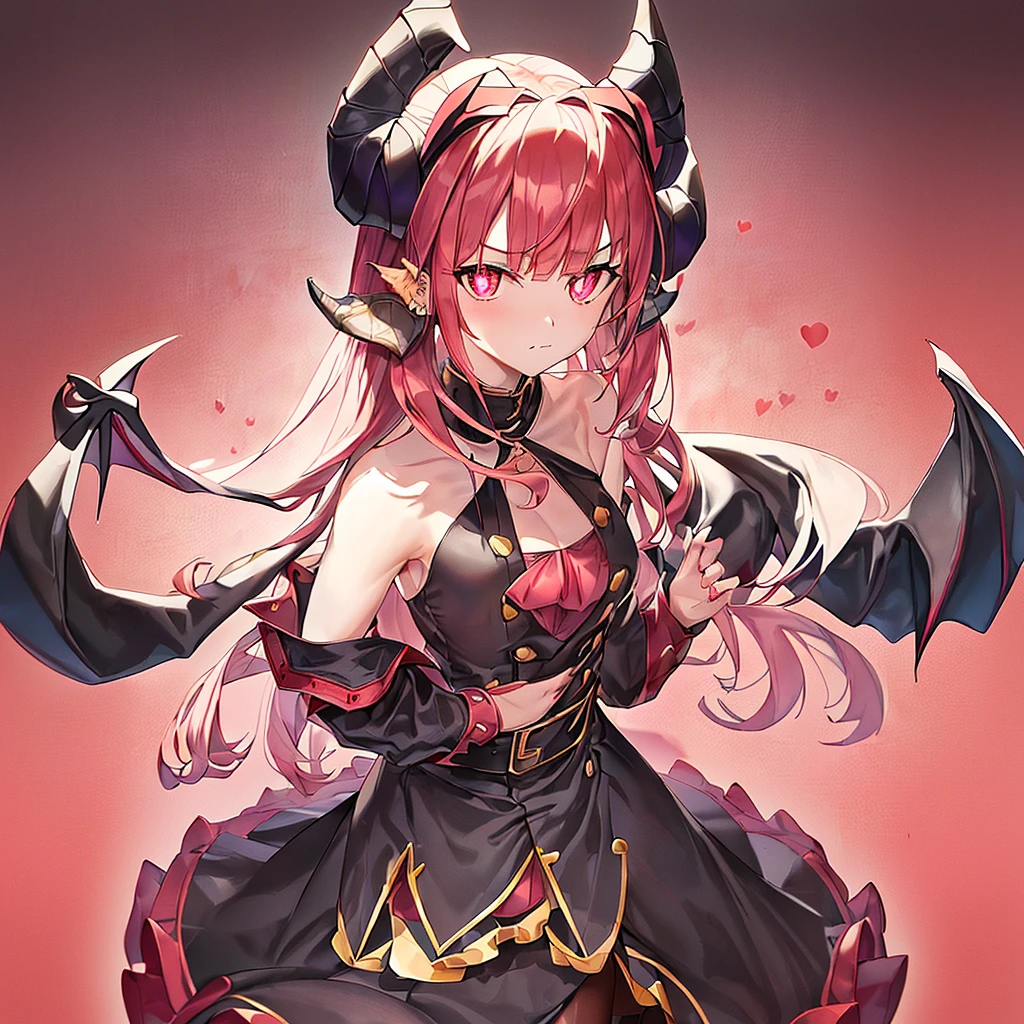 work of art:1.2, best qualityer, Composition: Camera: trunk:1.2, demeanor: front viewer, looking ahead at viewer, standing, (^_^, cloused mouth:1.35), Appearance: (1 girl, standing alone:1.2), Baphomet, ((Eyes red:1.25, symbol-shaped pupils)), (breasts big, clavicle:1.2), body hair: (body hair branco, body hair muito comprido, blunt bangs:1.1), badass clothing: ((red tailcoat:1.35, pierced:1.1, buttons:1.2, long sleeves, black belt, black gloves:1.25, redgown)), (black pantyhose, knee boots:1.2, High Heeled Boots:1.1), cross lace shoes, Accessories: ((black demon horns:1.35)), Location: ((simple background, background red:1.35, pink spoken heart)),