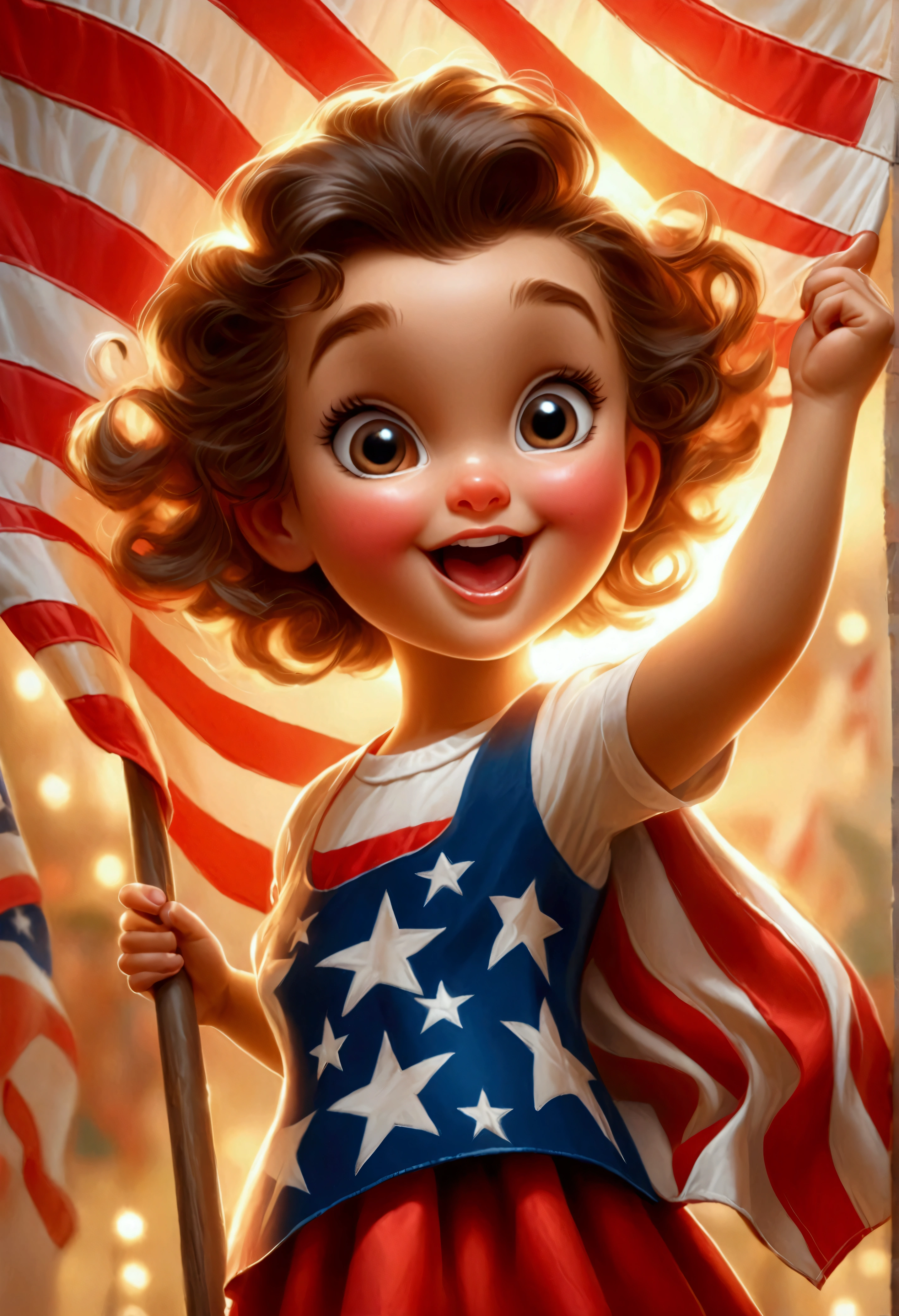 a holding a MAGA banner playfully,1girl,young ,cute,mischievous,american flag background,classic americana,nostalgic,1950s style,retro,vibrant colors,warm lighting,highres,detailed,photorealistic,studio lighting