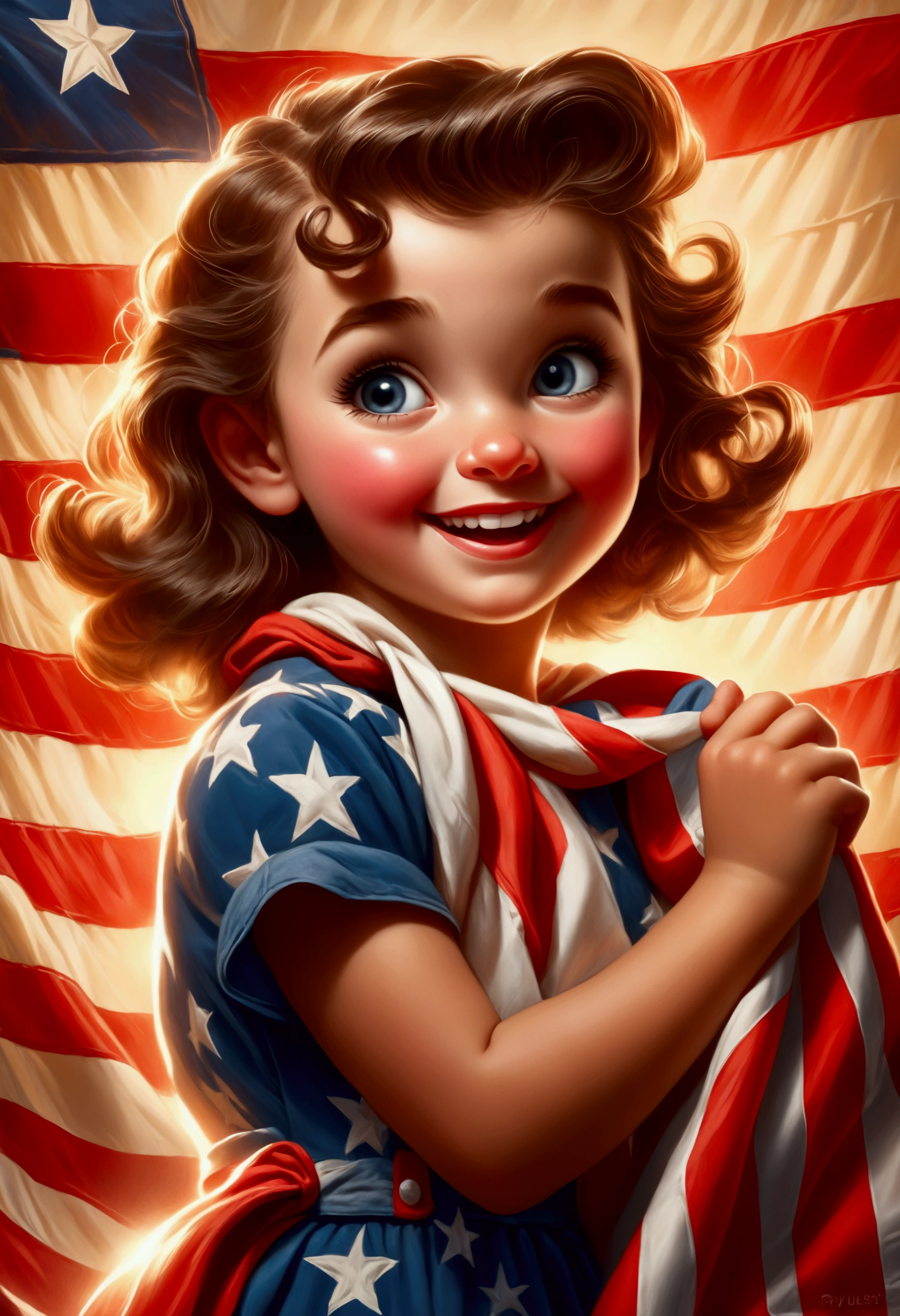 a holding a MAGA banner playfully,1girl,young ,cute,mischievous,american flag background,classic americana,nostalgic,1950s style,retro,vibrant colors,warm lighting,highres,detailed,photorealistic,studio lighting