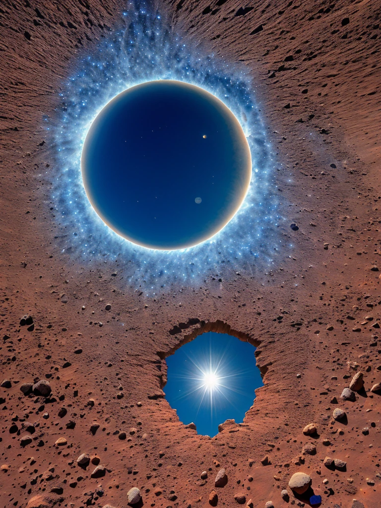 (best quality,4K,high resolution,masterpiece:1.2),Extremely detailed,Practical,photoPractical:1.37,portrait,Science Fiction,Helmet reflexes, red planet mars,Explorer Lake Reflection,Golden sunrise, Red Planet, Space suit, Dense vegetation, Distant Mountains, crimson skies, curiosity,, Unknown,Dust particles,Extraordinary journey,Metal surface,Ancient buildings,expedition, blue Sun Visor,Sparkling blue Sun Visor,Vast landscape,archeology,relics of the past,mystery,adventure,conspiracy,Magnificent views,Unexplored territory,explore,Uncovering Secrets,Cosmic miracles, small size blue sun, habitating mars,