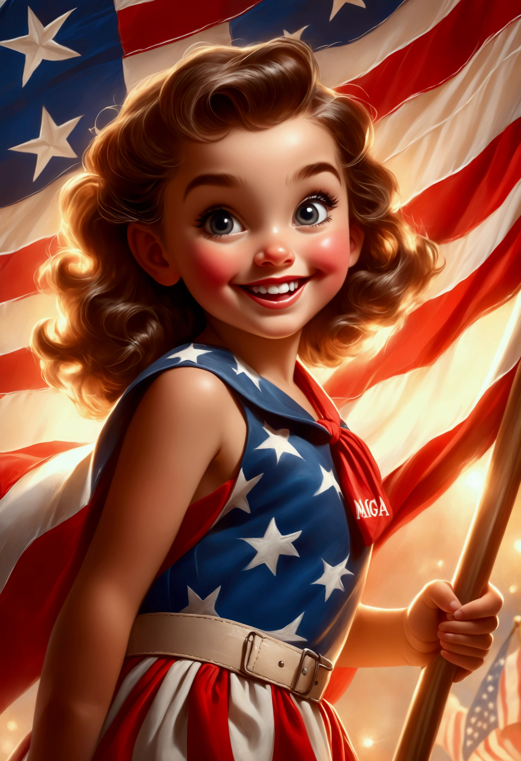 a holding a MAGA banner playfully,1girl,young ,cute,mischievous,american flag background,classic americana,nostalgic,1950s style,retro,vibrant colors,warm lighting,highres,detailed,photorealistic,studio lighting