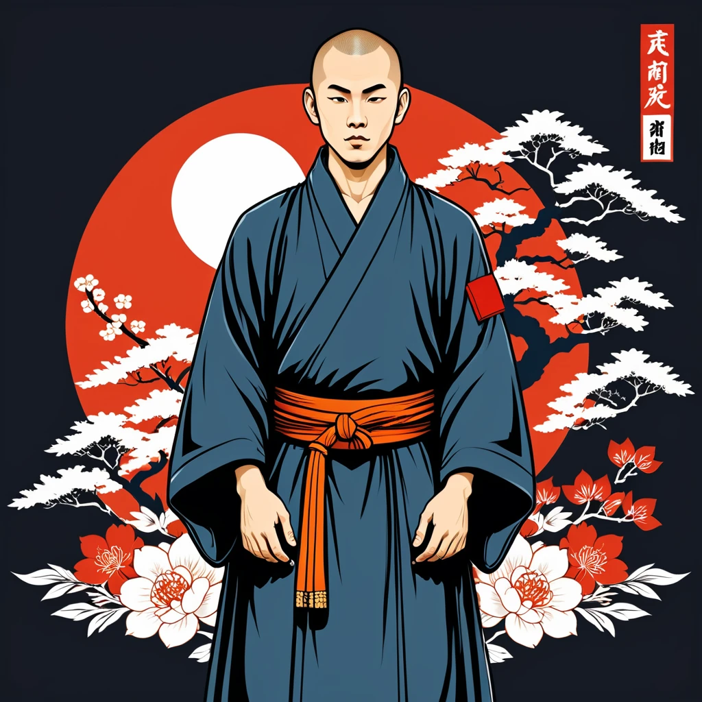 hungarian monk in japanese folk outfit, vector graphics, strong contours