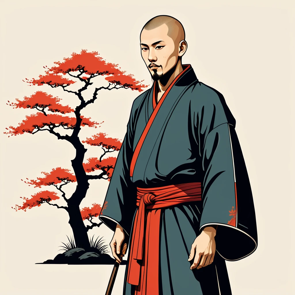hungarian monk in japanese folk outfit, vector graphics, strong contours