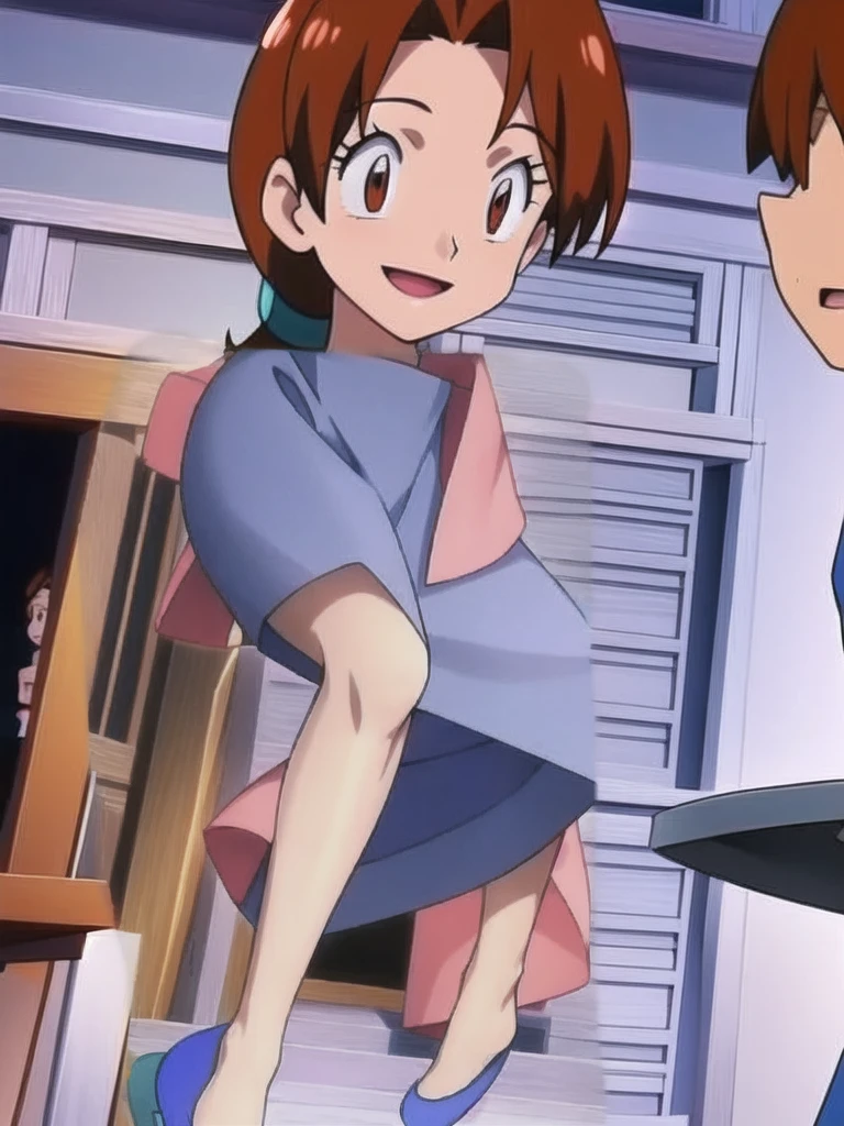 Delia_Ketchum, milf,skirt, shirt, blue skirt, long skirt, pink shirt, slippers,smile