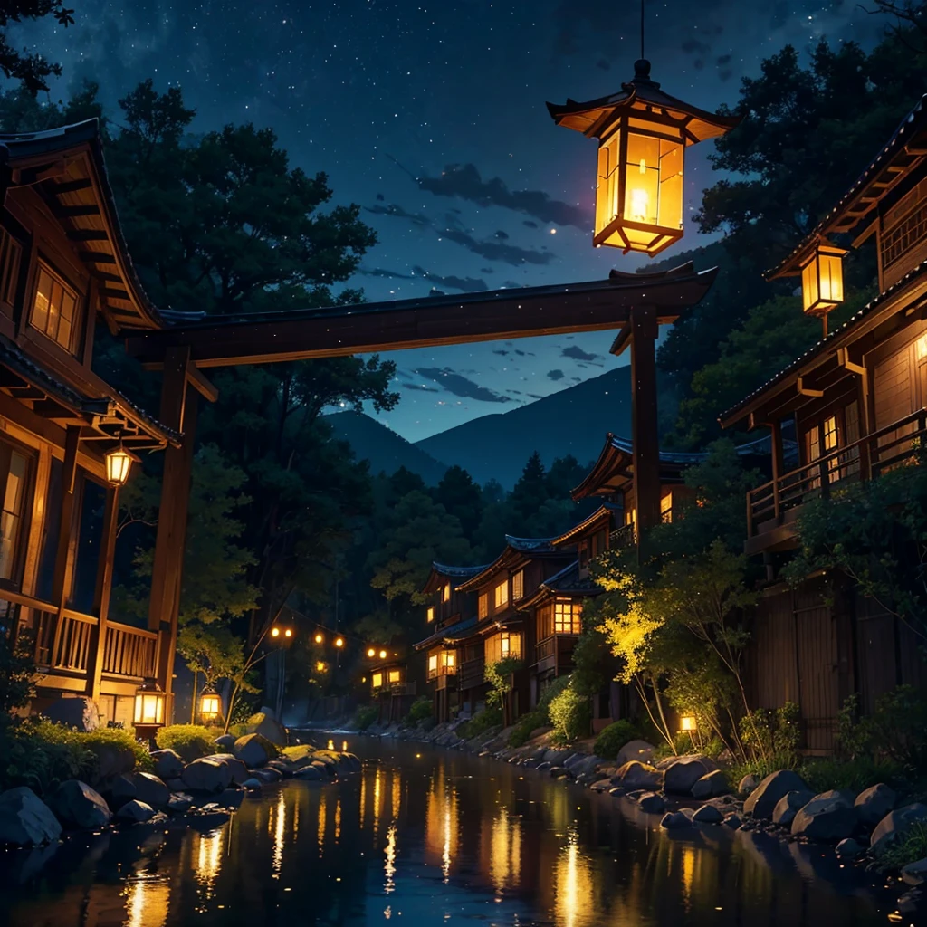 summer night、Along a clear river in a small village surrounded by mountains、juvenile(10 years old、Short Hair、T-shirt and shorts)and his brother(6 years old、T-shirt and shorts)A scene where they are enjoying firefly hunting。Lanterns are lit by the river、A soft light illuminates the surroundings。Fireflies flitting about in the darkness、Shining in the palm of your hand or in the air。juvenileたちは捕虫網を持ち、They have expressions of surprise and joy。My family and friends are also happily chasing fireflies around me.。The sky is purple with faint light remaining、The stars are beginning to twinkle。The light of the lanterns and fireflies depicts people and trees.々Extending the shadow of、The light reflected on the surface of the river is flickering。The overall atmosphere is calm and warm.
