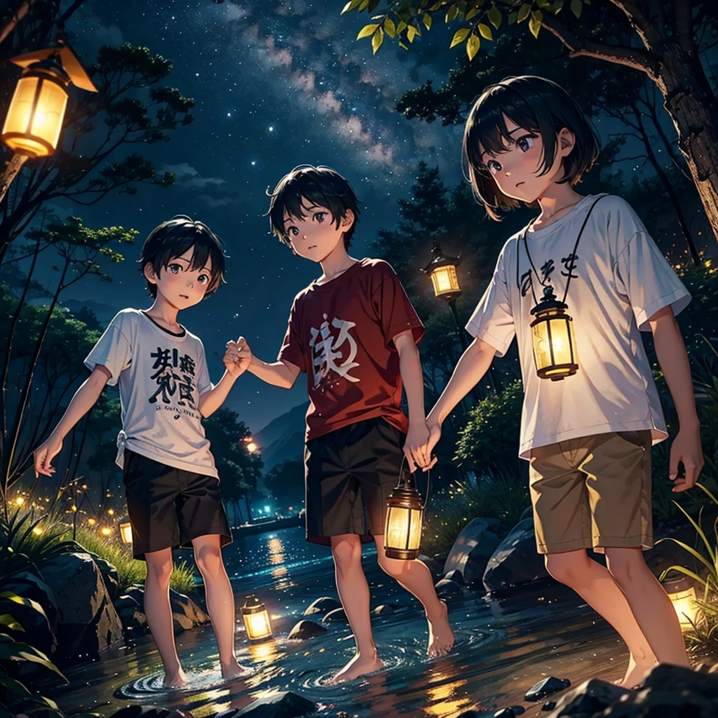 summer night、Along a clear river in a small village surrounded by mountains、juvenile(10 years old、Short Hair、T-shirt and shorts)and his brother(6 years old、T-shirt and shorts)A scene where they are enjoying firefly hunting。Lanterns are lit by the river、A soft light illuminates the surroundings。Fireflies flitting about in the darkness、Shining in the palm of your hand or in the air。juvenileたちは捕虫網を持ち、They have expressions of surprise and joy。My family and friends are also happily chasing fireflies around me.。The sky is purple with faint light remaining、The stars are beginning to twinkle。The light of the lanterns and fireflies depicts people and trees.々Extending the shadow of、The light reflected on the surface of the river is flickering。The overall atmosphere is calm and warm.