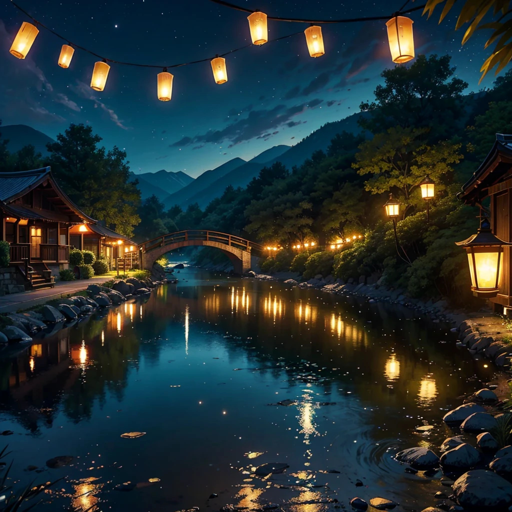 summer night、Along a clear river in a small village surrounded by mountains、juvenile（10 years old、Short Hair、T-shirt and shorts）and his brother（6 years old、T-shirt and shorts）A scene where they are enjoying firefly hunting。Lanterns are lit by the river、A soft light illuminates the surroundings。Fireflies flitting about in the darkness、Shining in the palm of your hand or in the air。juvenileたちは捕虫網を持ち、They have expressions of surprise and joy。My family and friends are also happily chasing fireflies around me.。The sky is purple with faint light remaining、The stars are beginning to twinkle。The light of the lanterns and fireflies depicts people and trees.々Extending the shadow of、The light reflected on the surface of the river is flickering。The overall atmosphere is calm and warm.