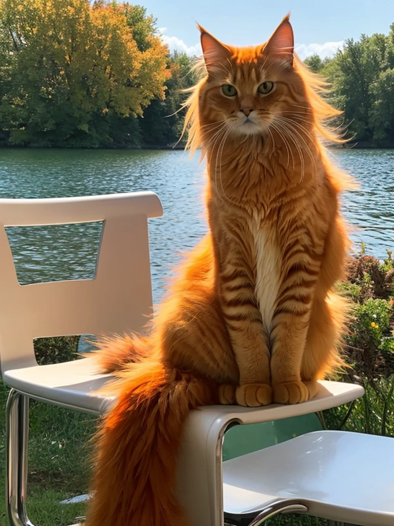 there is a cat sitting on the chairs in front of a lake, an orange cat, awesome cat, ginger cat, orange cat, orange fluffy belly, garfield the cat, anthropomorphic large maine coon, the cat is orange, persian cat, maine coon, doing a majestic pose, fluffy cat, a handsome, chonker cat, fluffy orange skin