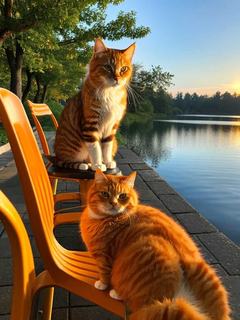 there is a cat sitting on the chairs in front of a lake, an orange cat, awesome cat, ginger cat, orange cat, orange fluffy belly, garfield the cat, anthropomorphic large maine coon, the cat is orange, persian cat, maine coon, doing a majestic pose, fluffy cat, a handsome, chonker cat, fluffy orange skin