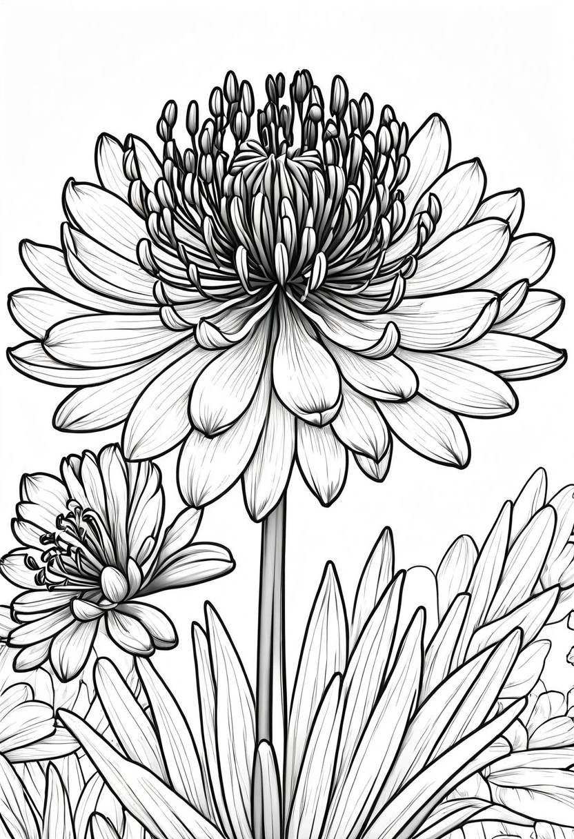 Agapanthus flower, line art, cartoon character, 3d style, high-quality, coloring book, hand-draw, lineart