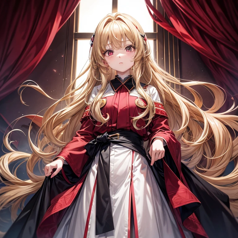Nakamura Aya created in anime style is a 5-year-old child, Amazing and exotic kids. She has long golden hair,Gentle waves hang down to the waist, Standing out against her pale skin. his eyes are dark red, like a bright ruby, with a mysterious expression.