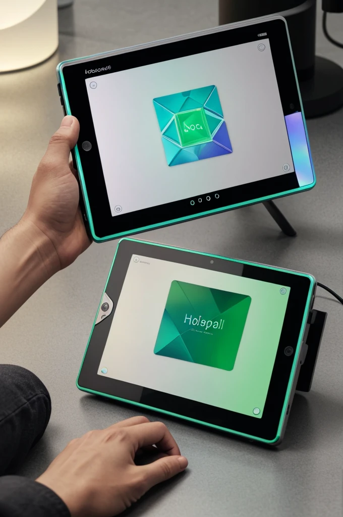 Create a holographic tablet, with gray holder for holding, holographic, green UI, with antennas, with cameras and with small tv attached to it.