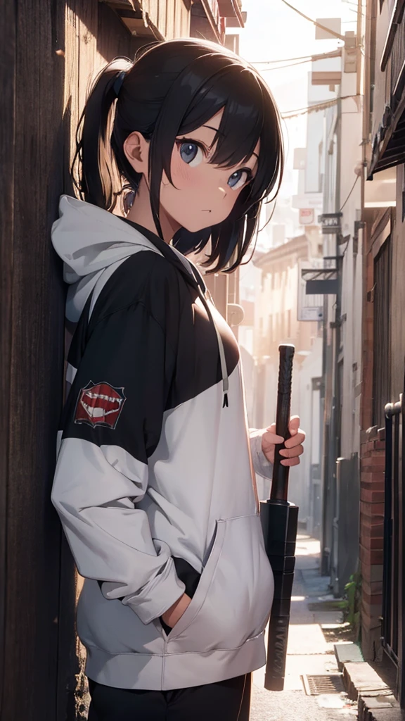 Holding a bat, Alley, Condescending Gaze, hoodie, builtupneckline, look down, cinematic lighting, UHD, best quality, highres, 8k