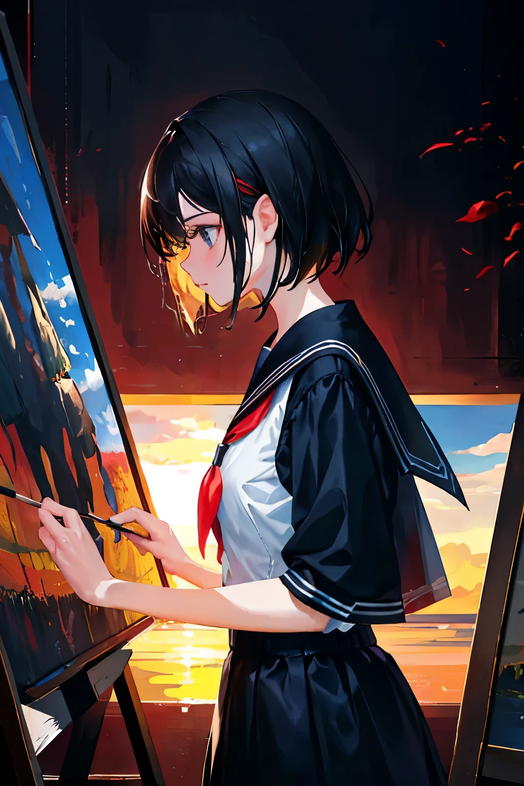 In the photograph, a woman diligently captures the essence of a sunset scene on her canvas. She dons a pristine white shirt with a classic sailor-style collar, and her focus is wholly engrossed in her artwork, meticulously blending shades of red and yellow to depict the sky's transition as the sun sets. Perched high above, a black tree stands out against the radiant backdrop, and a flock of birds makes its silhouette against the sky as they fly gracefully.

The table upon which she works is cluttered with various painting essentials, such as paintbrushes, watercolors, and jars of paint. A piece of