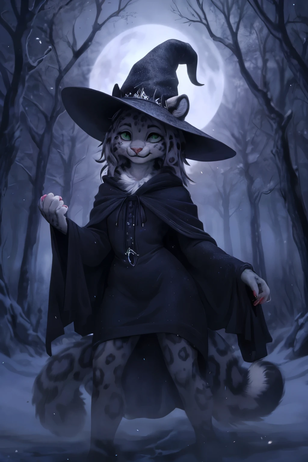 detailed background, dark and eerie forest, fog rolling through the trees, snow-covered ground, full moon shining brightly in the sky, a clearing with scattered leaves and pumpkins, a((slim and graceful)(snow leopard:1.2))female standing tall in her witch costume, (black dress adorned with silver stars), (pointy hat with a wide brim), (long flowing cloak trailing behind her), (sharp claws on her fingertips), (piercing green eyes sparkling with mischief), ((delicate pink nose:1.1)peeking out from under her witch hat), (playful smile revealing sharp fangs), detailed fur markings resembling mystical patterns on her body, (confident stance), (half-body view)