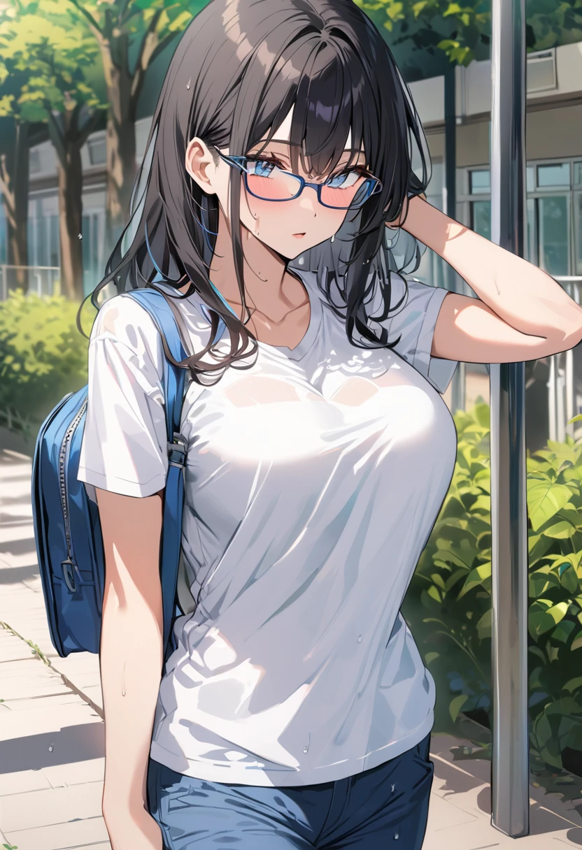 Highest quality,Highest Resolution,sexy,White T-shirt,Vibrant colors,Very beautiful eyes,summer,Big Breasts,whole body,Glasses,Black Hair,School grounds,Sweating profusely,Drinking a drink