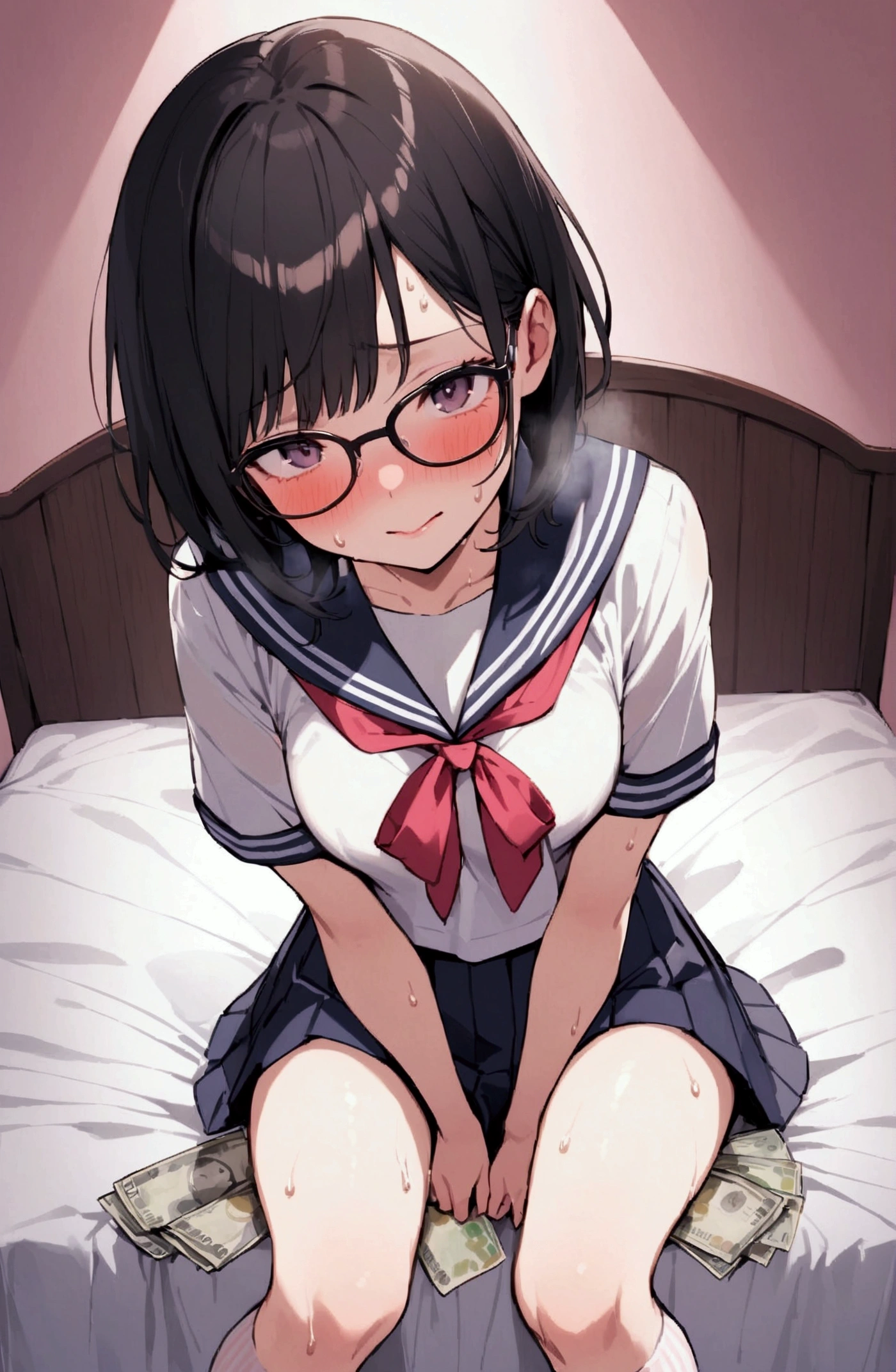 One woman、One Man、beautiful girl、high school girl、Glasses Girl、Short Hair、Sailor suit、Short pleated skirt、Love Hotel、Love Hotelの部屋、Pink lighting、Knee socks、King-size bed、Highest quality,  Black Hair、Sweaty body、ムレムレのKnee socks、Sit on the bed、Sit with your legs apart、Embarrassed face、Light yellow panties、Scared、Money is handed over、Man holding money、Make your panties look bold