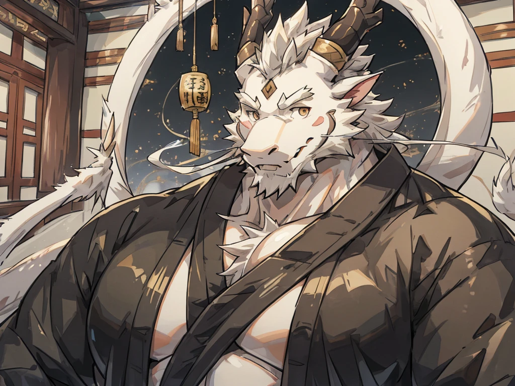 (white eastern dragon),furry,white mustache,big pecs,hearty males,muscular,black imperial robe,naked,adult,traditional_chinese_room,head portrait,hypnosis