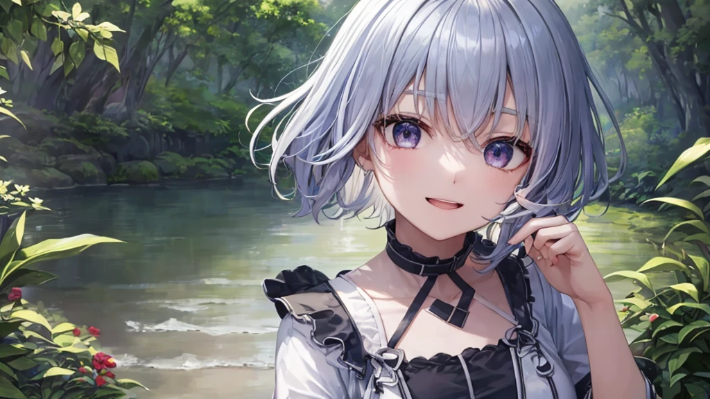 Ultra HD,Look at the viewers, Put your hands behind your back, With a girl, 20-year-old, 非常にShort Hair, Long bangs between the eyes, Pale blue eyes, Very detailed,(masterpiece、Highest quality),Gray Hair、Laughter、Fantastic, Silver Hair, Iris, Short hair、 Fluttering Hair、Small Face、明るいsmile、(Detailed face) ,Professional Lighting,Wonderful landscape,blue sky, sunlight,Looking down from above,Portraiture、Open your mouth、Flower Field、Her eyes were shining、Mysterious and enchanting atmosphere。With AI Painting、とてもShort Hair, Long bangs between the eyes, Very detailed,(masterpiece、Highest quality)、alone、Gray Hair、Fantasy, Silver Hair, Fantasyな風景、smile、Open your mouth、short hair、Short Hair、hairpin、black eye、Grey Eyes、Beautiful Eyes、Black Shirt、White hoodie