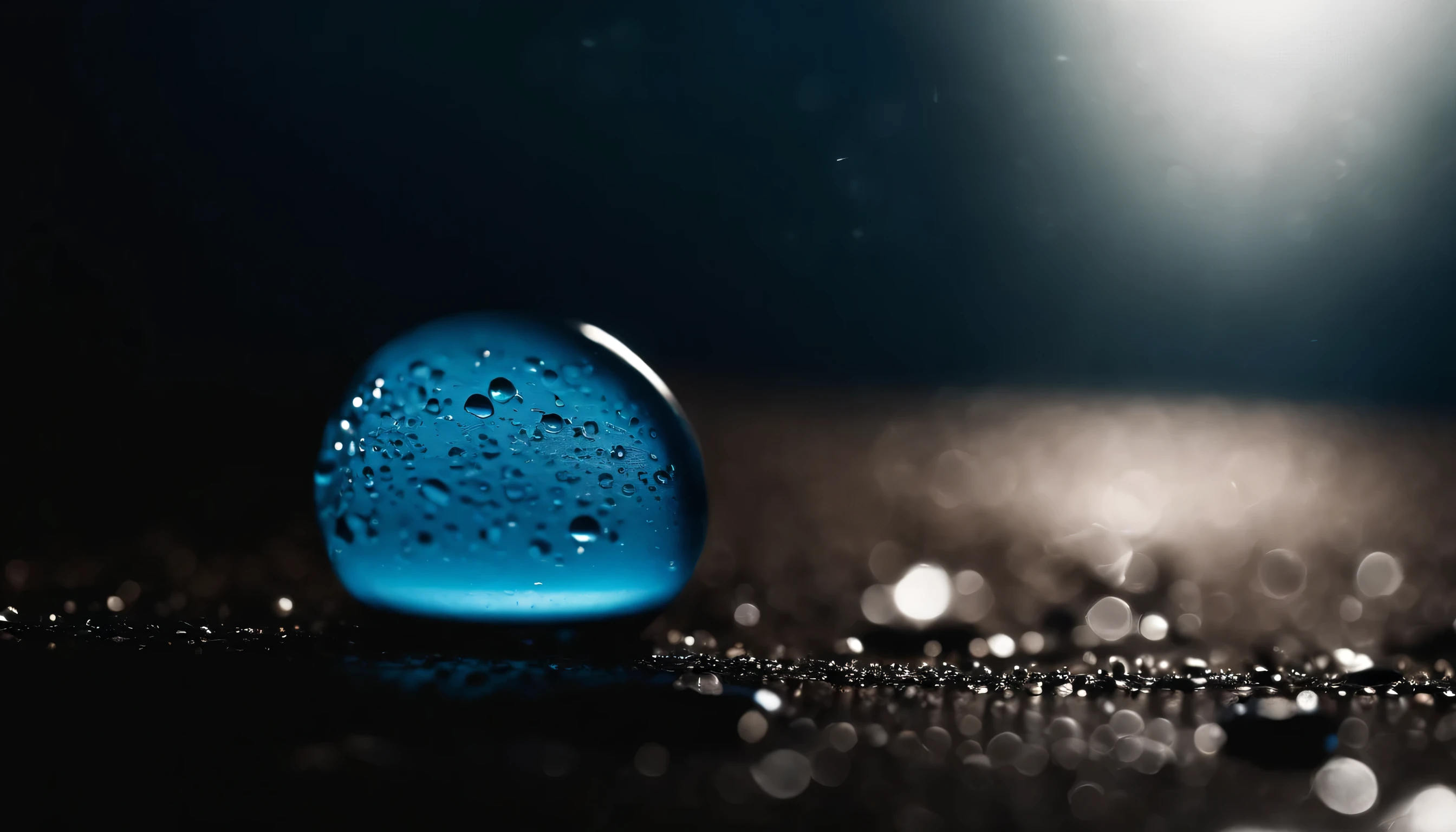 an abstract blue water droplets on a textured surface, experimenting with lighting and composition to create a visually striking and unique image