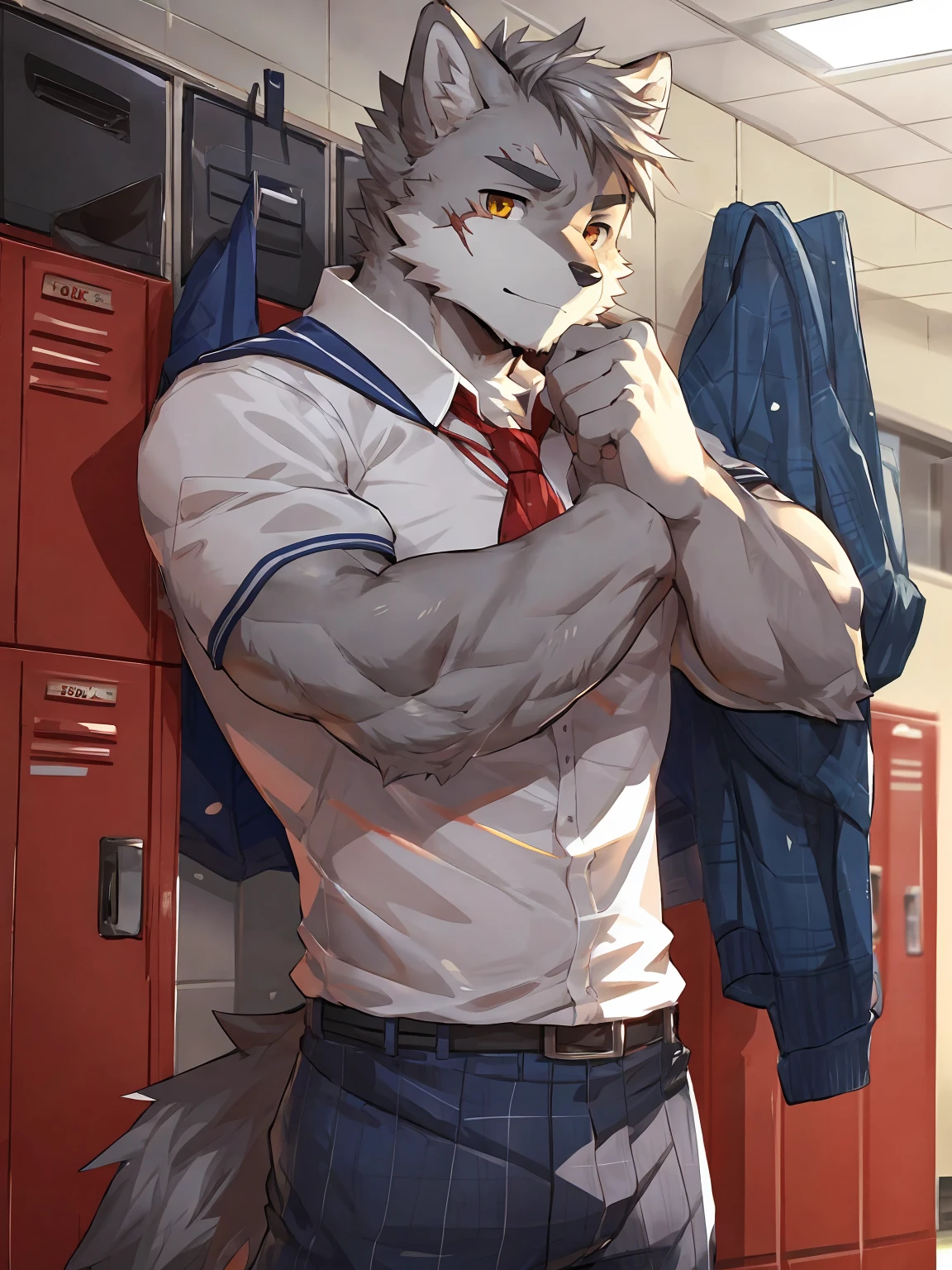 embedding:Gray wolf,Golden Eyes,Single Person,a scar on the face.Gray fur,High school students,male school uniform,A buzz cut,no hair,gray fur,gray hair,Show big dick.Standing by the school locker,Male,Handsome,muscle,A little nervous,Smart,Best quality hands, best quality eye,detailed fur,Delicate eyes.Extreme picture quality,by sollyz,by zixiong,by milkytiger1145