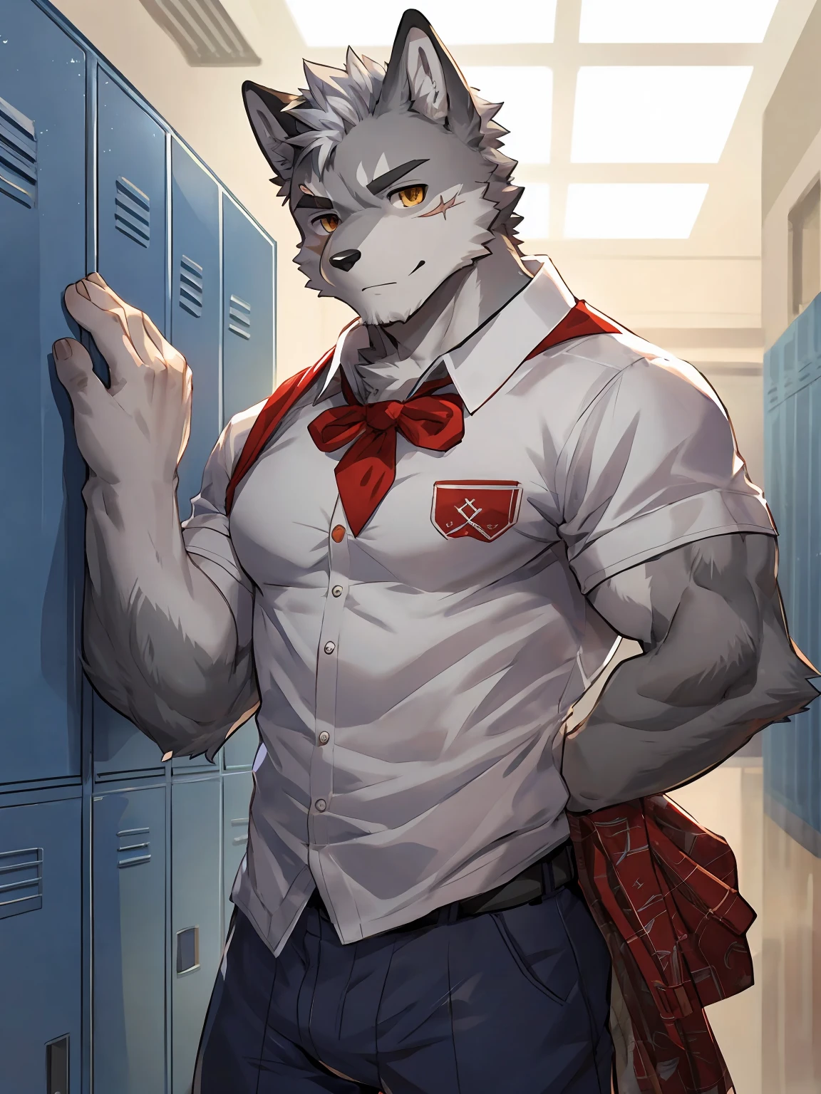 embedding:Gray wolf,Golden Eyes，Single Person,a scar on the face.Gray fur，High school students,male school uniform,A buzz cut,no hair,gray fur,gray hair,Show big dick.Standing by the school locker,Male,Handsome,muscle,A little nervous,Smart,Best quality hands, best quality eye，detailed fur，Delicate eyes.Extreme picture quality，by sollyz,by zixiong,by milkytiger1145