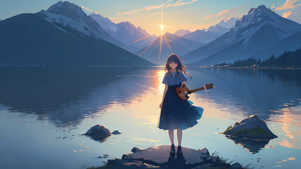 sunrise, lake, meadows, sunrise, blue sky, stars, clouds, 4k, stunning, sharp, intricate details, (high resolution: 1.5), saturated, rocks in water, girl standing and holding guitar