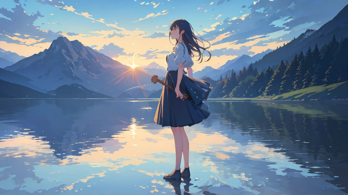 sunrise, lake, meadows, sunrise, blue sky, stars, clouds, 4k, stunning, sharp, intricate details, (high resolution: 1.5), saturated, rocks in water, girl standing and holding guitar