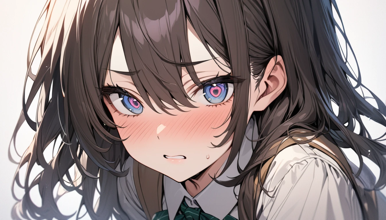 masterpiece, High resolution, perfect face, Korean beautiful junior high school, 30 years old, beautiful face, white background, uniform, skirt, embarrassed look, look at the camera, (top quality eyes), detailed texture, look at me, Married woman, cool women, ((high resolution eyes)), hentai