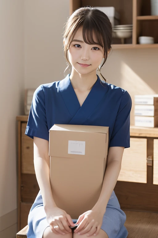 You are a professional photographer。masterpiece、8K、Highest quality, Soft Light, Ultra-high resolution, (Realistic:1.4), RAW Photos,24 years old 1 Japanese girl, alone, cute、(pupil, Light in your eyes), Beautiful face in every detail, (Small box),(High resolution detail of human skin texture)、Mail delivery 、Wear a post office uniform、(Portraiture)