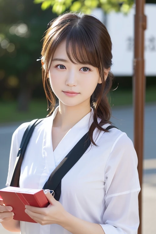 You are a professional photographer。masterpiece、8K、Highest quality, Soft Light, Ultra-high resolution, (Realistic:1.4), RAW Photos,24 years old 1 Japanese girl, alone, cute、(pupil, Light in your eyes), Beautiful face in every detail, (Small box),(High resolution detail of human skin texture)、Mail delivery 、Wear a post office uniform、(Portraiture)