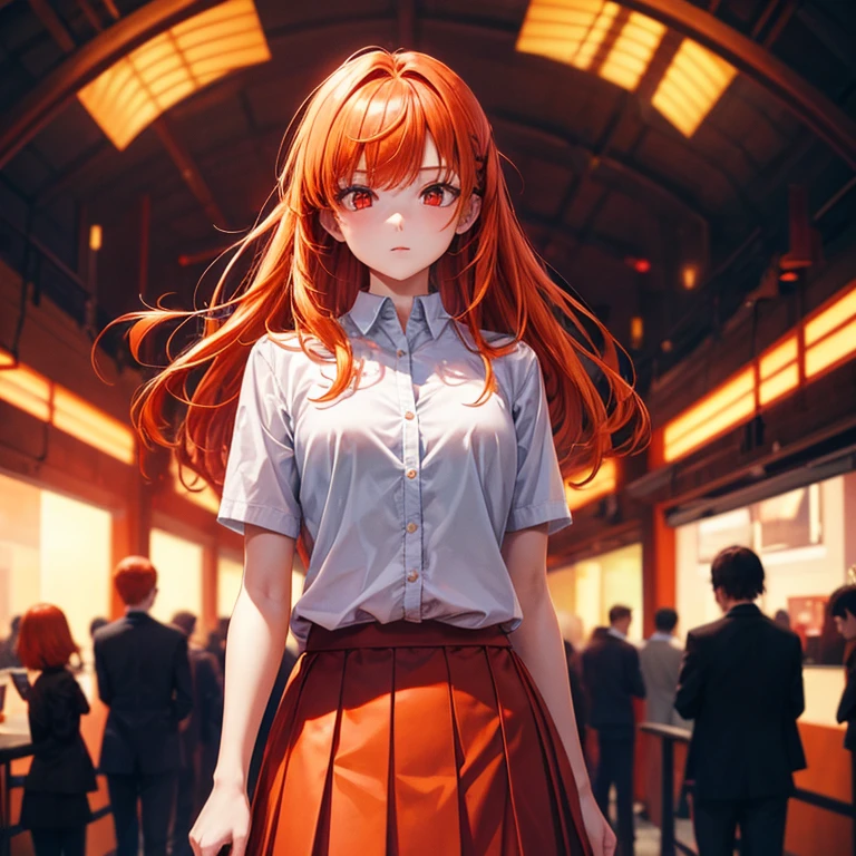 1 girl, Orange hair, Red eyes, skirt, (alone:1.3),
