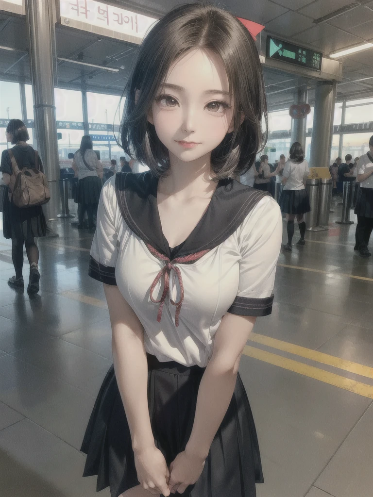 ((Best of the highest quality, 8k, Masterpiece, raw photo: 1.1)), (Sharp focus: 1.1), (1 AESPA, slim body type female, 22 y/o: 1.1), solo, Portrait Waist Up, (realistic, photo-realistic:1.37), face focus, finely small eyes, (forehead, short bob hair: 1.32), (sharp chin, droopy eyes: 1.32), (sad eyes: 1.1), (Emphasize prominent aegyo-sal with bright: 1.28), shimmering eyeshadow applied under the lower lash line, paired with thick, (small breasts, flat chest, thigh: 1.2), (short bob hair: 1.2), (school uniform, ribbon: 1.28), walking airport terminal, flower, anime
