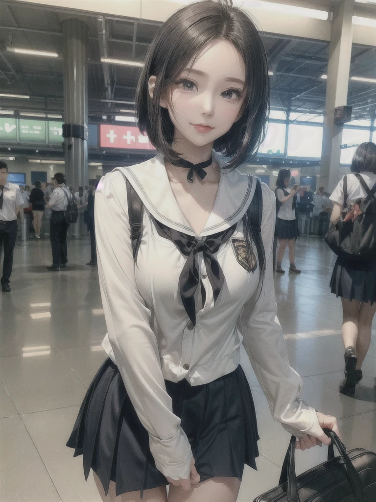 ((Best of the highest quality, 8k, Masterpiece, raw photo: 1.1)), (Sharp focus: 1.1), (1 AESPA, slim body type female, 22 y/o: 1.1), solo, Portrait Waist Up, (realistic, photo-realistic:1.37), face focus, finely small eyes, (forehead, short bob hair: 1.32), (sharp chin, droopy eyes: 1.32), (sad eyes: 1.1), (Emphasize prominent aegyo-sal with bright: 1.28), shimmering eyeshadow applied under the lower lash line, paired with thick, (small breasts, flat chest, thigh: 1.2), (short bob hair: 1.2), (school uniform, ribbon: 1.28), walking airport terminal, flower, anime
