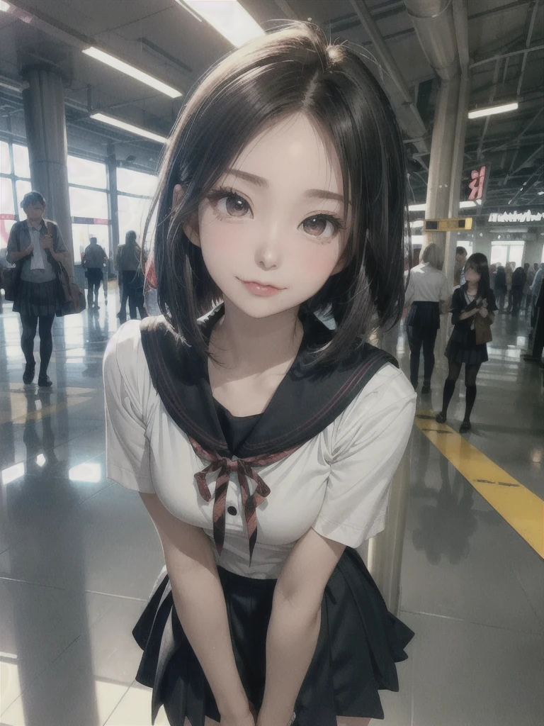 ((Best of the highest quality, 8k, Masterpiece, raw photo: 1.1)), (Sharp focus: 1.1), (1 AESPA, slim body type female, 22 y/o: 1.1), solo, Portrait Waist Up, (realistic, photo-realistic:1.37), face focus, finely small eyes, (forehead, short bob hair: 1.32), (sharp chin, droopy eyes: 1.32), (sad eyes: 1.1), (Emphasize prominent aegyo-sal with bright: 1.28), shimmering eyeshadow applied under the lower lash line, paired with thick, (small breasts, flat chest, thigh: 1.2), (short bob hair: 1.2), (school uniform, ribbon: 1.28), walking airport terminal, flower, anime
