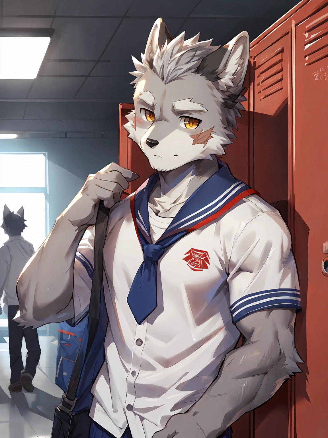 embedding:Gray wolf,Golden Eyes,Single Person,a scar on the face.Gray fur,High school students,male school uniform,A buzz cut,no hair,gray fur,gray hair,Standing by the school locker,Male,Handsome,muscle,A little nervous,Smart,Best quality hands, best quality eye,detailed fur,Delicate eyes.Extreme picture quality,by sollyz,by zixiong,by milkytiger1145