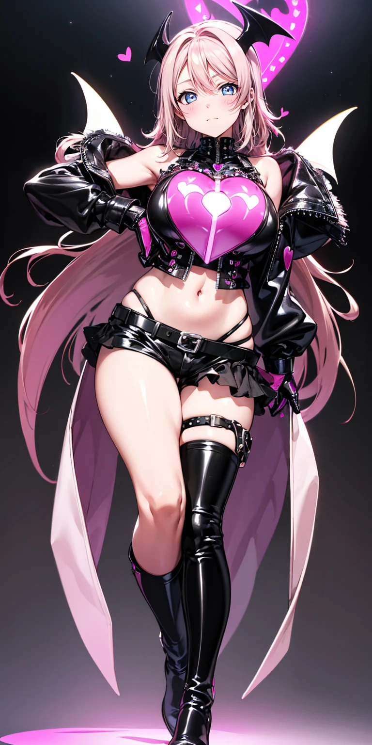 (((masterpiece))),((ultra detailed,best quality, highres, 8k wallpaper, beautiful Clothes,)),fullbody,fullbodyshot (1 girl)((pink hair, long hair,straight hair,two side up)) (green eyes),eyeshadow, eyeliner,glow eyes, hyper detailed eyes, intricate eyes, beautiful eyes, ((glowing pink pupils))18-year-old girl.Transparent jacket made of PVC material.(Cyber-background)