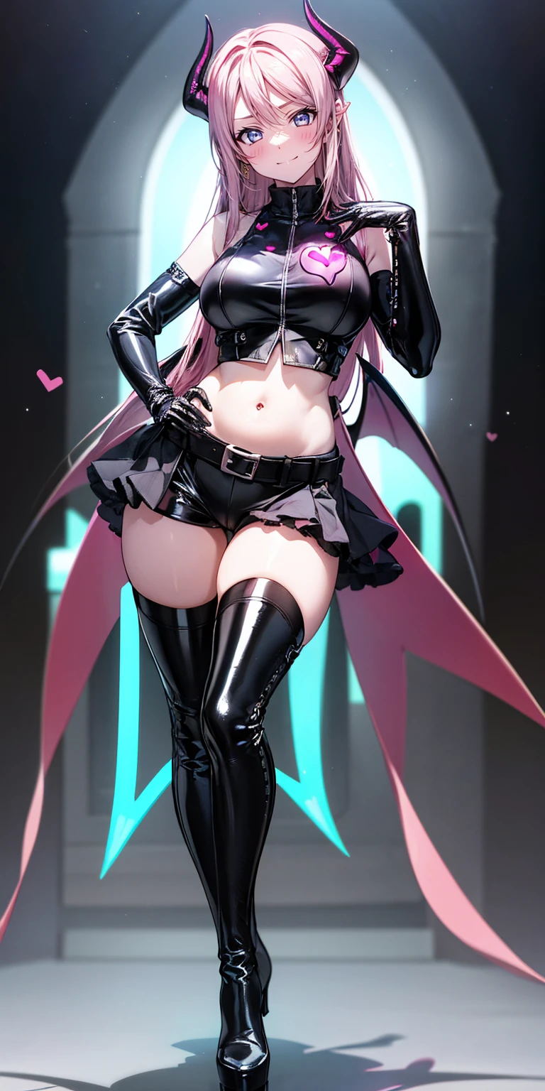 ((Highest quality,8k,T-And Star Piece:1.3)),Sharp focus:1.2,Pretty woman with perfect figure:1.4,,(Incredibly huge breasts:1.4),(Huge hips),smile,Thin abdominal muscles:1.2,((Beige Hair,:1.4)),,Highly detailed face and skin texture,Fine grain,double eyelid、(Black Theme:1.3), (Gothic Punk:1.3), (studded leather jacket:1.1), (Latex leotard, Leotard Fusion Gothic Skirt, Frills, race:1.2), race-up boots, gloves, chain neckrace, choker, Chain Accessories, zettai ryouiki
、【prompt】
break (black and shocking pink theme:1.4), (Sexy succubus cosplay costume with genital tattoos:1.2), (sleeveless black latex high neck crop top with Heart-shaped cut keyhole:1.4), ((Bare shoulders, Bare arms, Bare thighs):1.3), (Black latex low rise micro shorts:1.3), (shocking pink grommet belt:1.3), (Tight latex black long sleeves:1.3), ((A combination of black high platform shoes and thigh-high boots) with heels:1.2), (shocking pink devil horns has bioluminescence glow LED-light on temporal region:1.3), (Large bat wings for cosplay:1.4), (Black wings:1), (shocking pink (Heart-shaped, Heart symbol) Bioluminescent LED light on belly:1.4), (Black prisoner's bracelet:1.2),