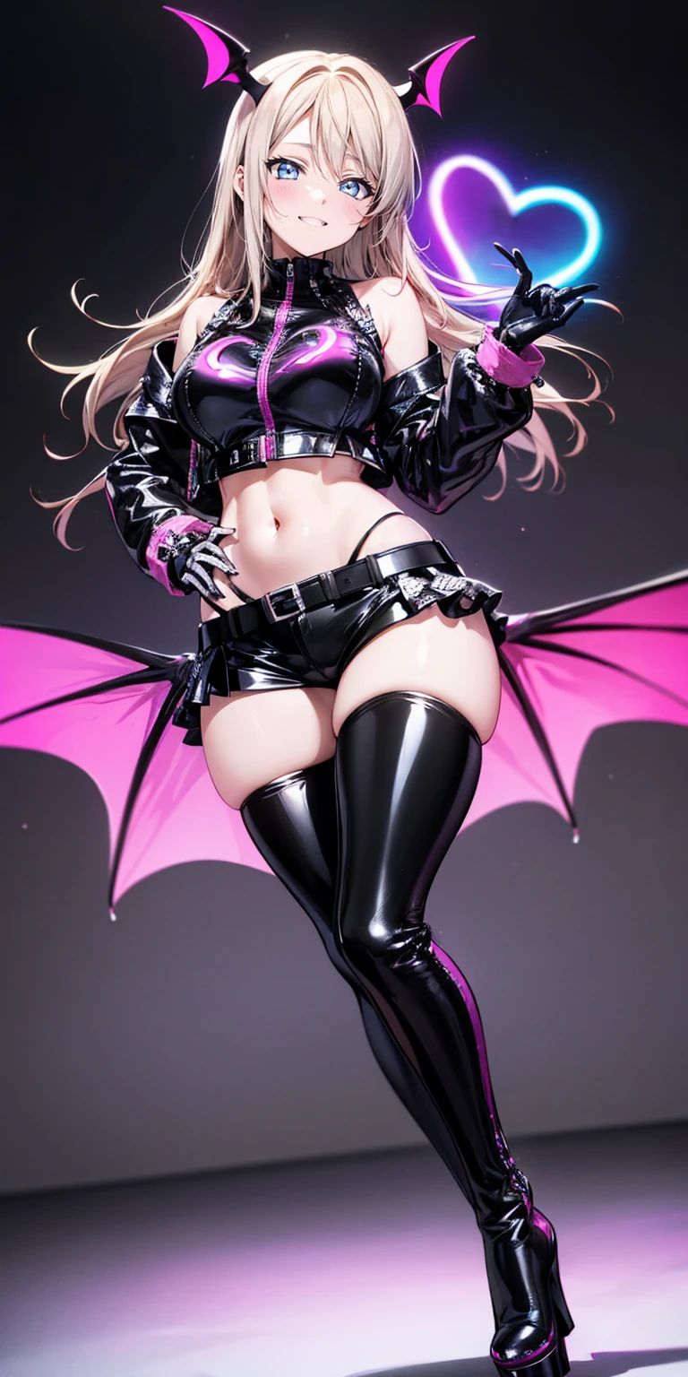 ((Highest quality,8k,T-And Star Piece:1.3)),Sharp focus:1.2,Pretty woman with perfect figure:1.4,,(Incredibly huge breasts:1.4),(Huge hips),smile,Thin abdominal muscles:1.2,((Beige Hair,:1.4)),,Highly detailed face and skin texture,Fine grain,double eyelid、(Black Theme:1.3), (Gothic Punk:1.3), (studded leather jacket:1.1), (Latex leotard, Leotard Fusion Gothic Skirt, Frills, race:1.2), race-up boots, gloves, chain neckrace, choker, Chain Accessories, zettai ryouiki
、【prompt】
break (black and shocking pink theme:1.4), (Sexy succubus cosplay costume with genital tattoos:1.2), (sleeveless black latex high neck crop top with Heart-shaped cut keyhole:1.4), ((Bare shoulders, Bare arms, Bare thighs):1.3), (Black latex low rise micro shorts:1.3), (shocking pink grommet belt:1.3), (Tight latex black long sleeves:1.3), ((A combination of black high platform shoes and thigh-high boots) with heels:1.2), (shocking pink devil horns has bioluminescence glow LED-light on temporal region:1.3), (Large bat wings for cosplay:1.4), (Black wings:1), (shocking pink (Heart-shaped, Heart symbol) Bioluminescent LED light on belly:1.4), (Black prisoner's bracelet:1.2),