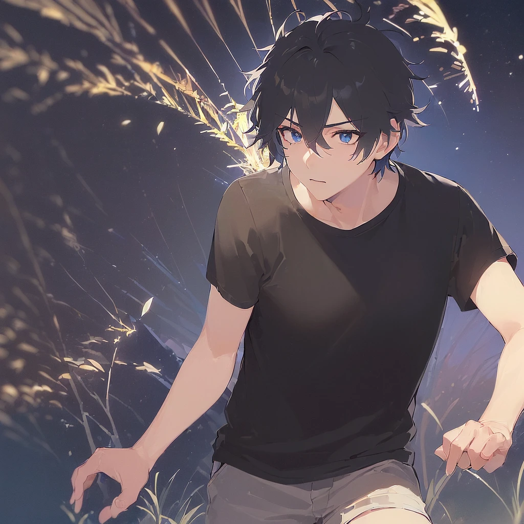 (30-year-old male:1.5) and (blackのショートヘア) and (blue eyes) (black:1.5) and (T-Shirts:1.5),(avert your eyes:1.5),Upper Body、Side shot、Glowing Skin, Highest quality,Surprised,(Night Park:1.5)、（Night Sky：1.5）、(Grass:1.3),(alone:1.5)
