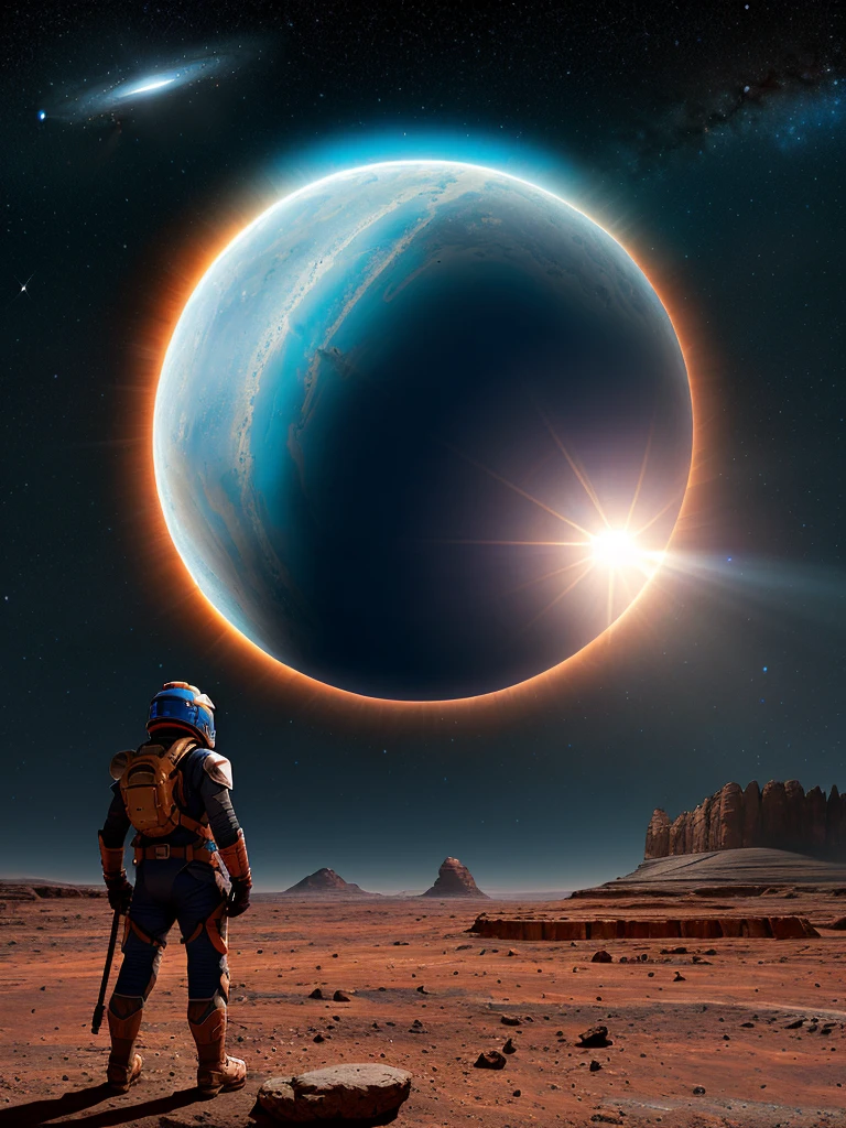 (best quality,4K,high resolution, tall girl, masterpiece:1.2),Extremely detailed,Practical,photoPractical:1.37,portrait,Science Fiction,Helmet reflexes, red planet mars,Explorer Lake Reflection, ((bluish sunrise)), Red Planet, Space suit, Dense vegetation, Distant Mountains, crimson skies, curiosity,, Unknown,Dust particles,Extraordinary journey,Metal surface,Ancient buildings,expedition, blue Sun Visor,Sparkling blue Sun Visor,Vast landscape,archeology,relics of the past,mystery,adventure,conspiracy,Magnificent views,Unexplored territory,explore,Uncovering Secrets,Cosmic miracles, small size blue sun, habitating mars,